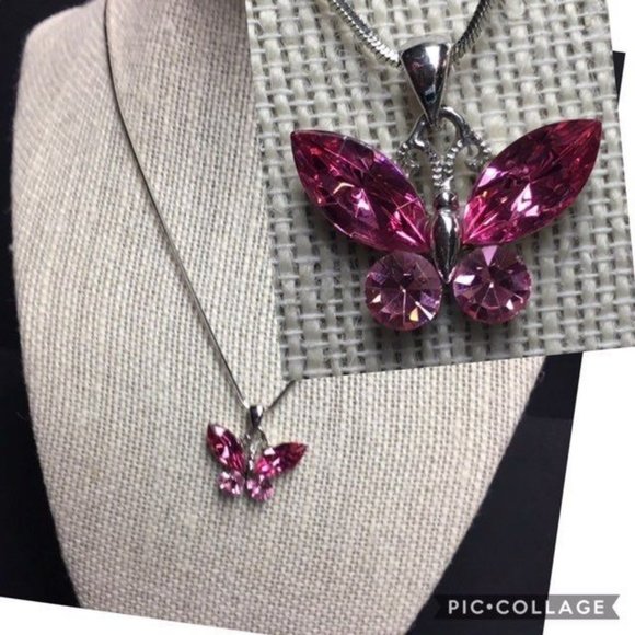 Rhinestone Butterfly Pendant Necklace Silver Pink Sparkle Retro BoHo - Picture 1 of 6